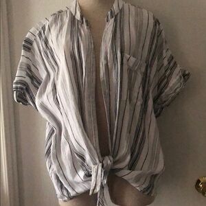 Charter Club White and Gray Tie Front Button Down Shirt